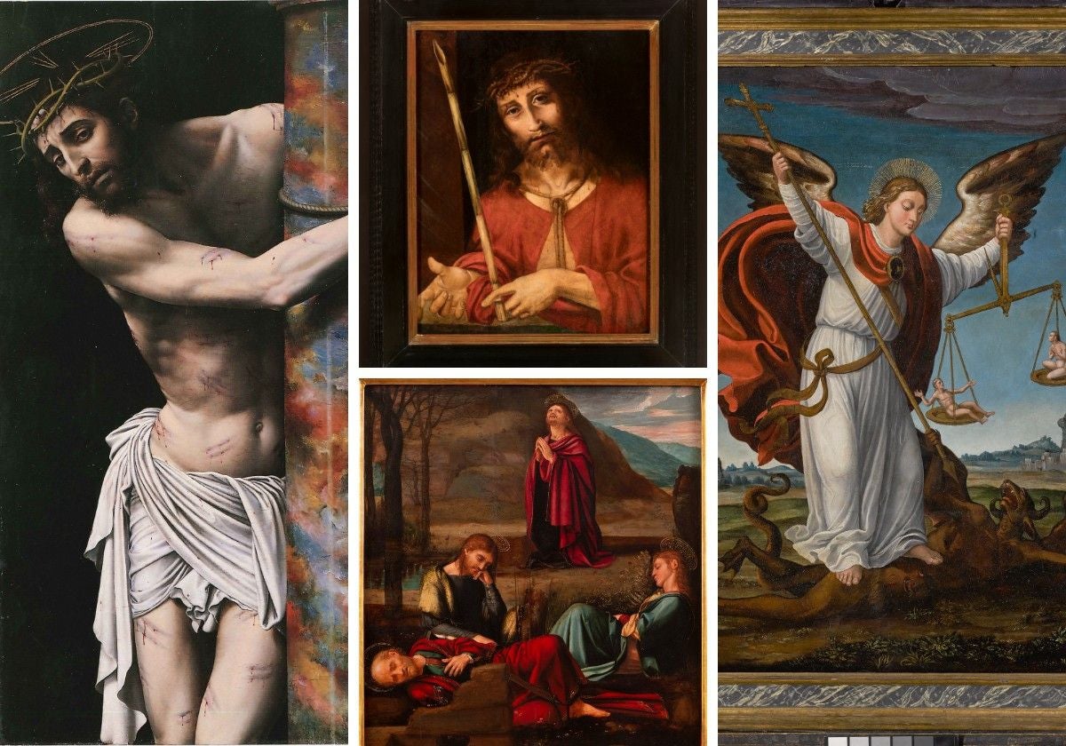 Algunas de las obras que se pueden ver en la exposición: de izquierda a derechas, 'Cristo en la columna', de Joan de Joanes; un Ecce Homo y 'Oración en el huerto', de Yáñez de la Almedina; y 'San Miguel Arcángel derrotando al demonio', del Maestro de Borbotó.