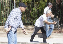 Jugadores de birles en el momento de lanzar el motxo.