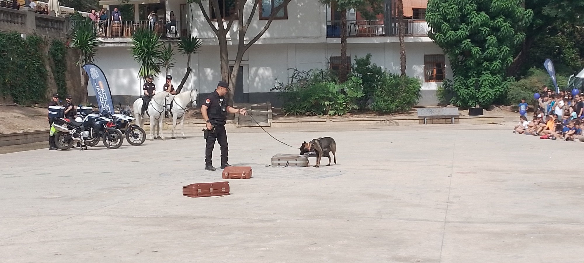 Imagen secundaria 1 - Arriba, uno de los canes en actitud defensiva; Abajo, a la izquierda, el animal detectando drogas en las maletas; a la derecha, un agente Tedax desactivando un explosivo.