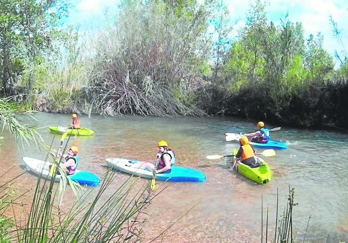 Varios aficionados al kayak navegan por aguas del Turia a su paso por Ribarroja.