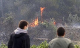 Dos vecinos mirán como el fuego que la zona forestal en el muniipio de Ador.