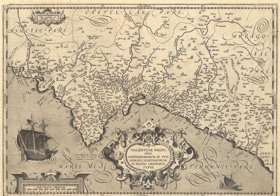 Mapa de la Comunitat Valenciana, obra de Abraham Ortelius, que se incluyó en el famoso atlas «Theatrum Orbis Terrarum», publicado por primera vez en 1570.