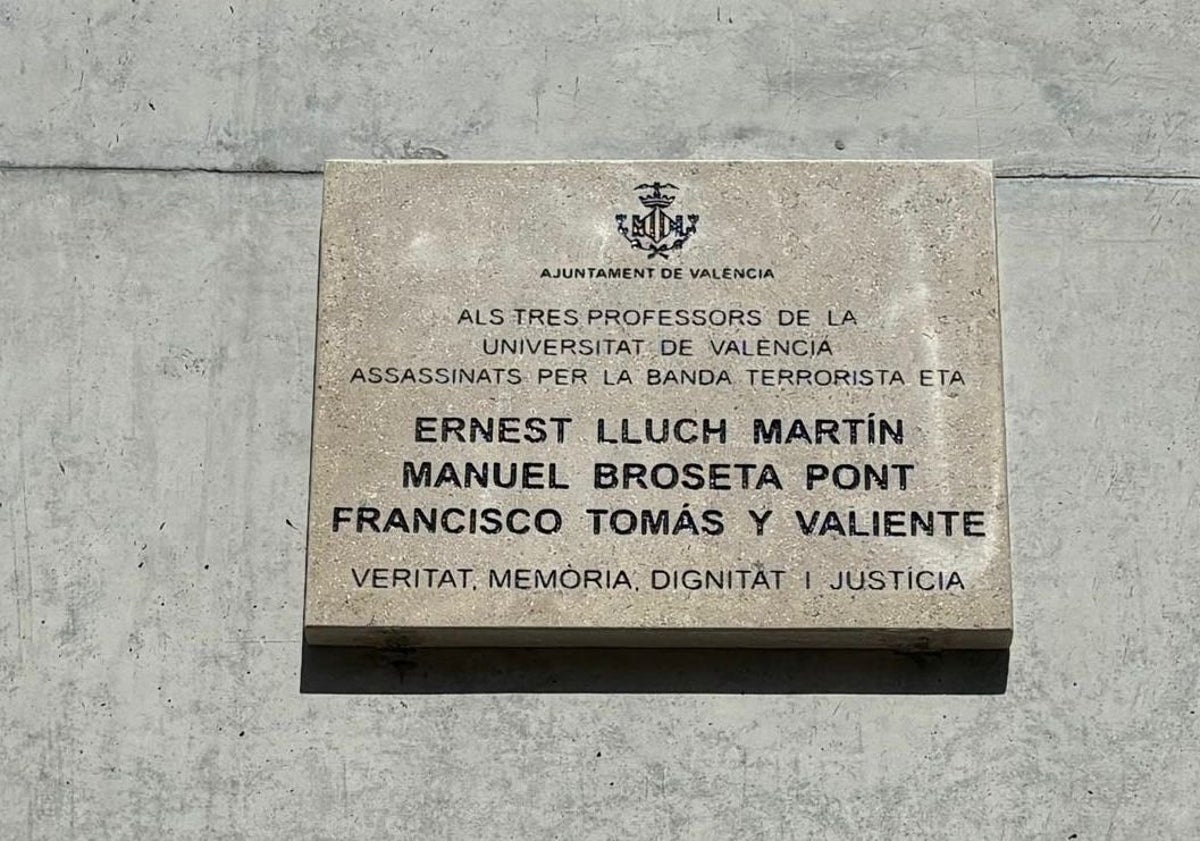 Imagen principal - Placas en homenaje a Ernest Lluch, Josefina Corresa y José Edmundo Casany.