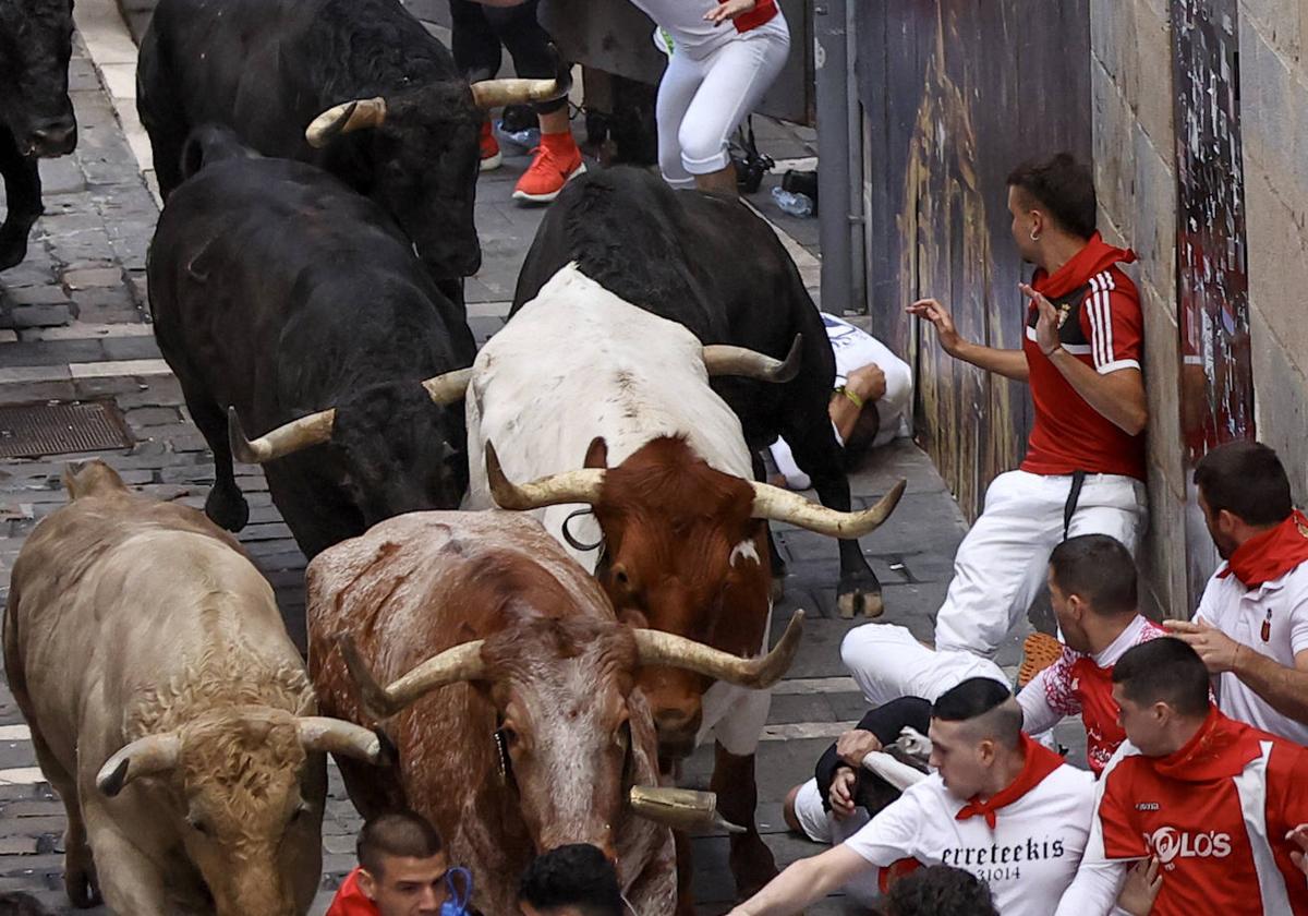 Un herido por asta de toro en el sexto encierro de San Fermín