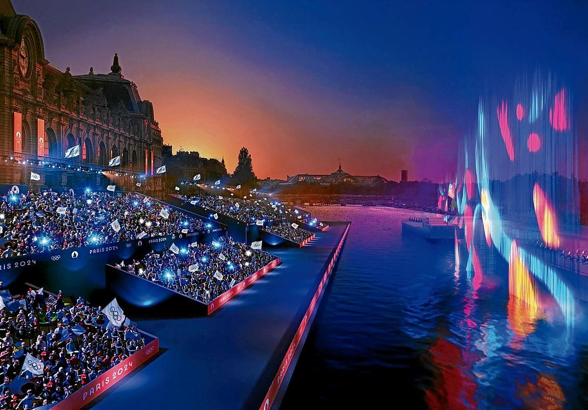 Recreación de la ceremonia de apertura de los Juegos de París que tendrá lugar en el río Sena.