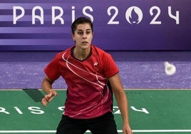 Carolina Marín en un entrenamiento en el Porte de la Chapelle Arena.