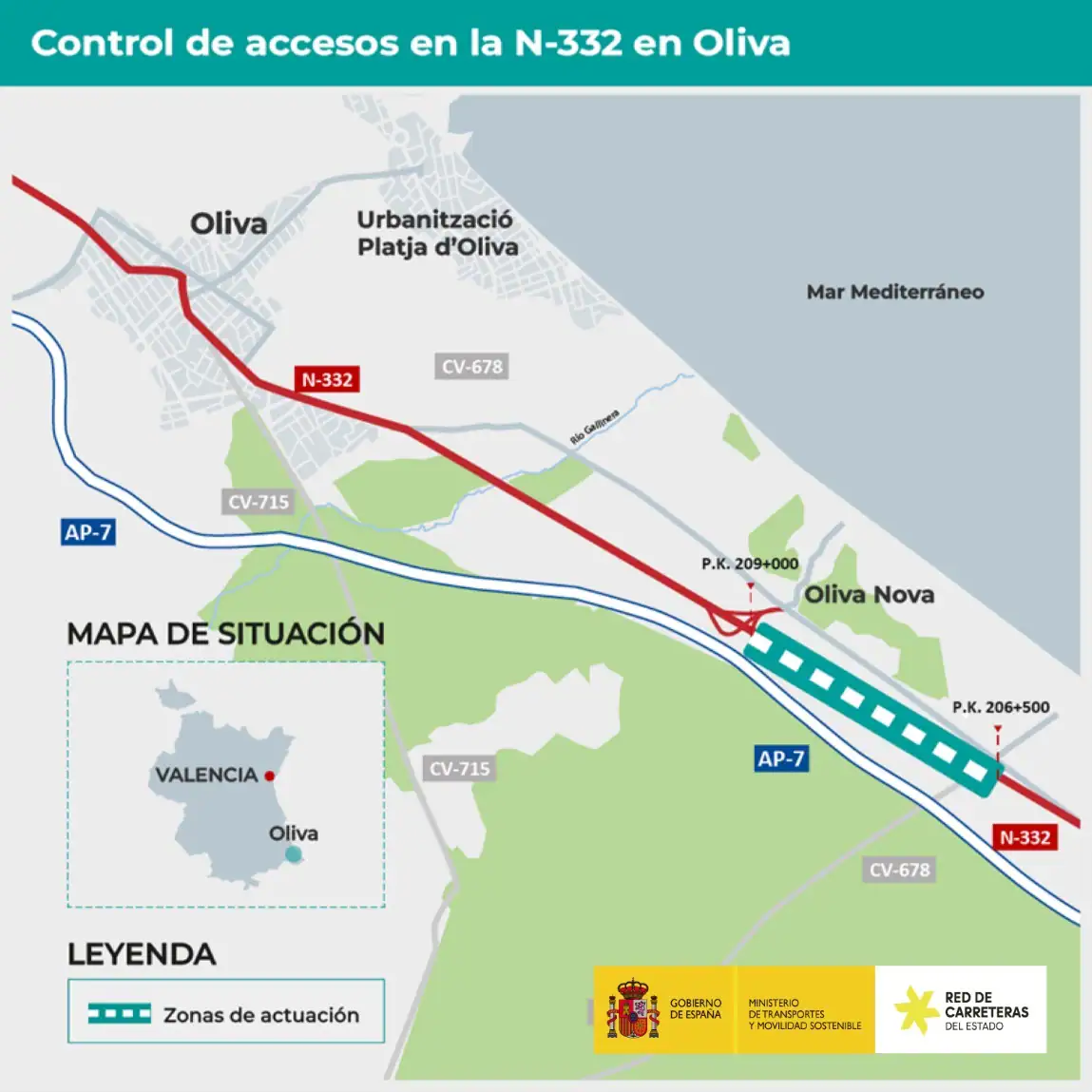 Transportes adjudica por 8,3 millones de euros las obras para sustituir y mejorar los accesos de la N-332 en Oliva y Pego 