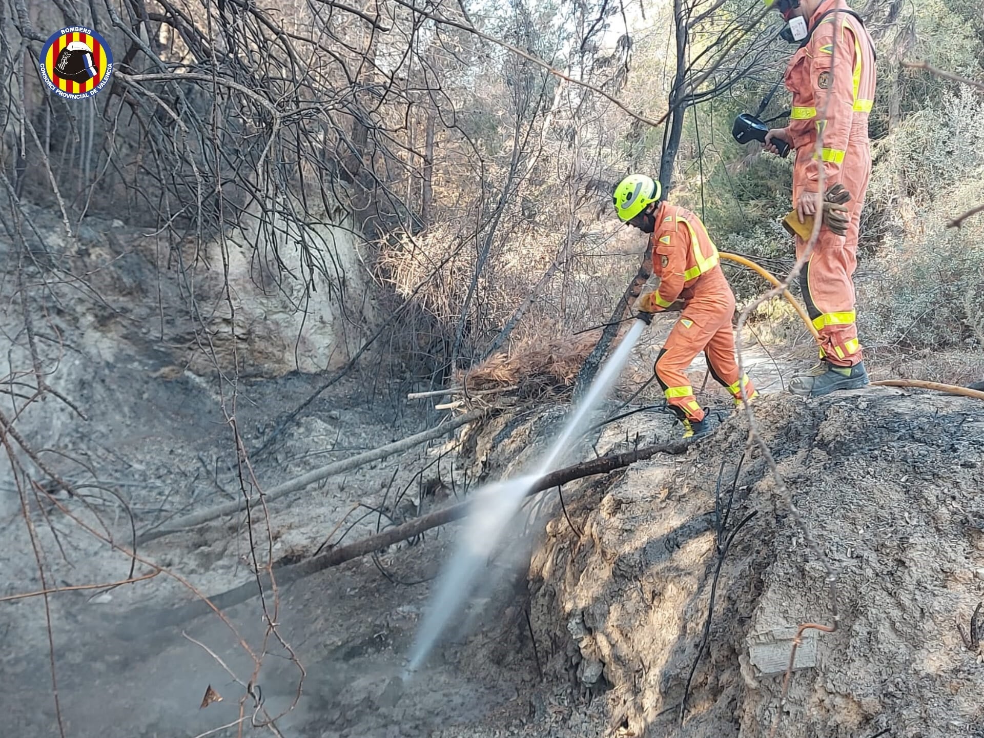 Brigadas forestales del Consorcio Provincial de Bomberos refrescando los puntos calientes.