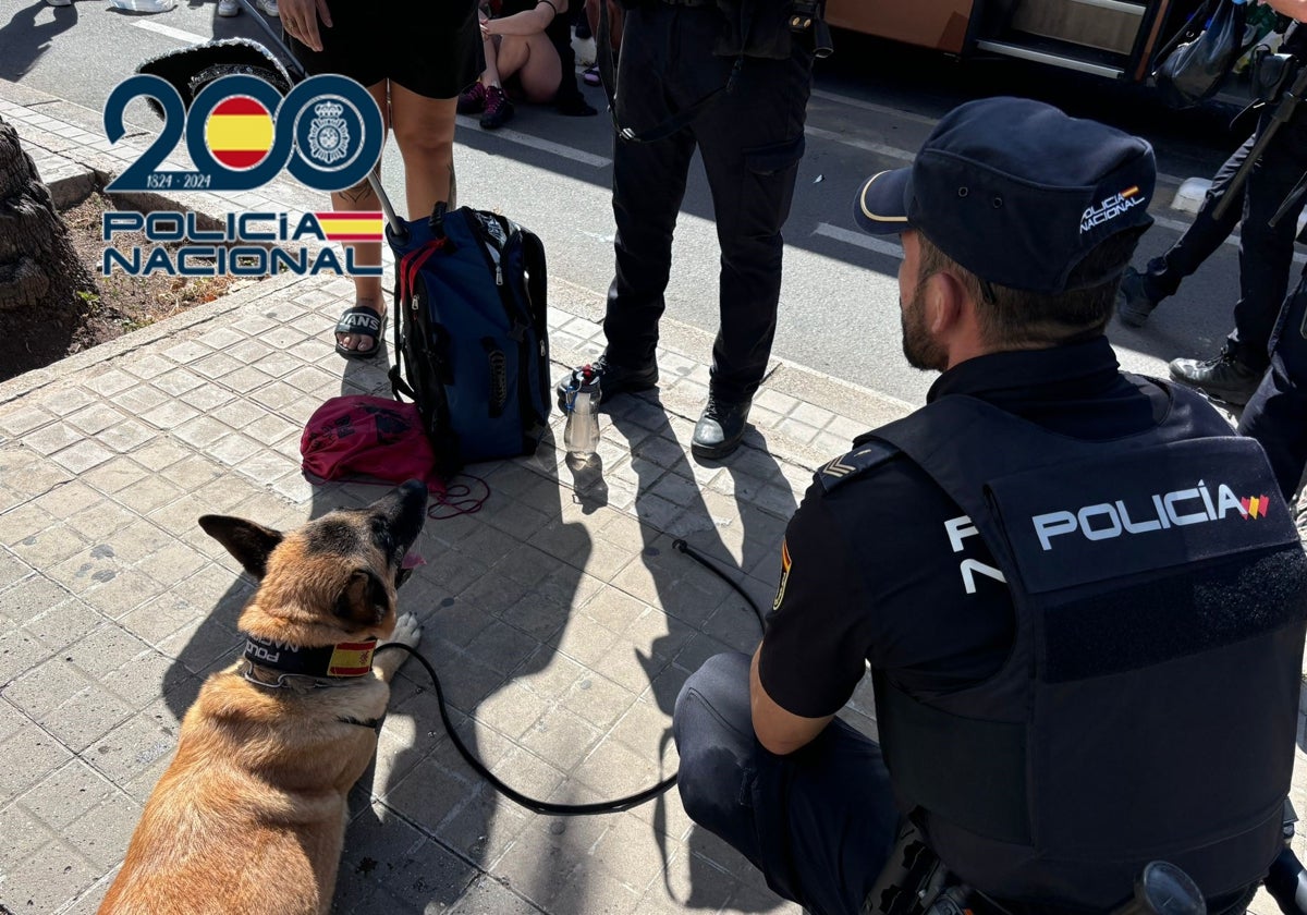 Un policía de la Unidad de Guías Caninos con su perro junto a uno de los jóvenes identificados.