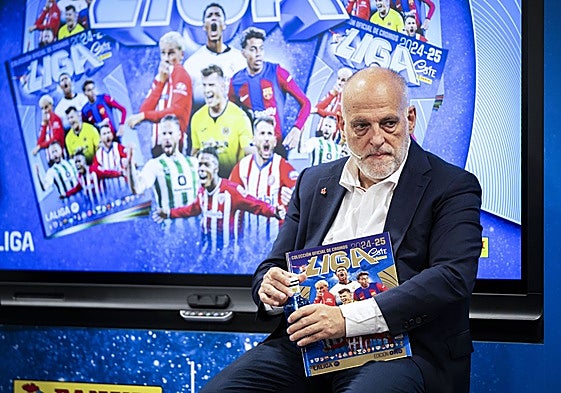 Javier Tebas, durante la presentación este jueves de los cromos de Panini de la Liga.