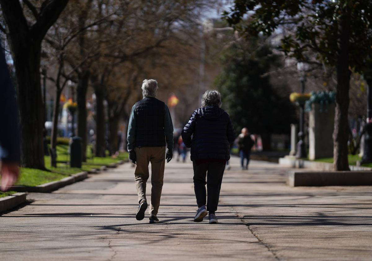 Jubilados pensionistas paseando por un parque.