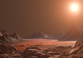 Recreación del paisaje del exoplaneta Barnard b orbitando su estrella.