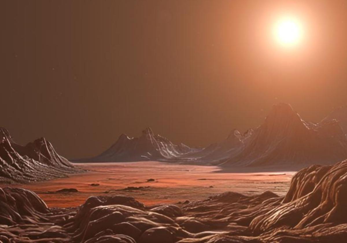 Recreación del paisaje del exoplaneta Barnard b orbitando su estrella.