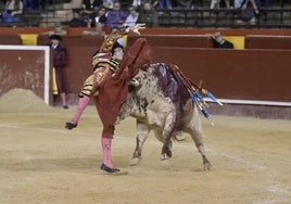 Cornada sufrida por el novillero Alberto Donaire en la tarde de este domingo en Valencia.