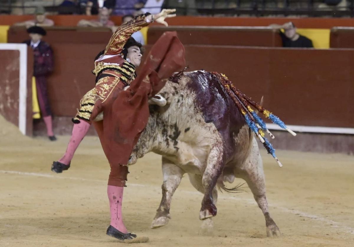 Cornada sufrida por el novillero Alberto Donaire en la tarde de este domingo en Valencia.