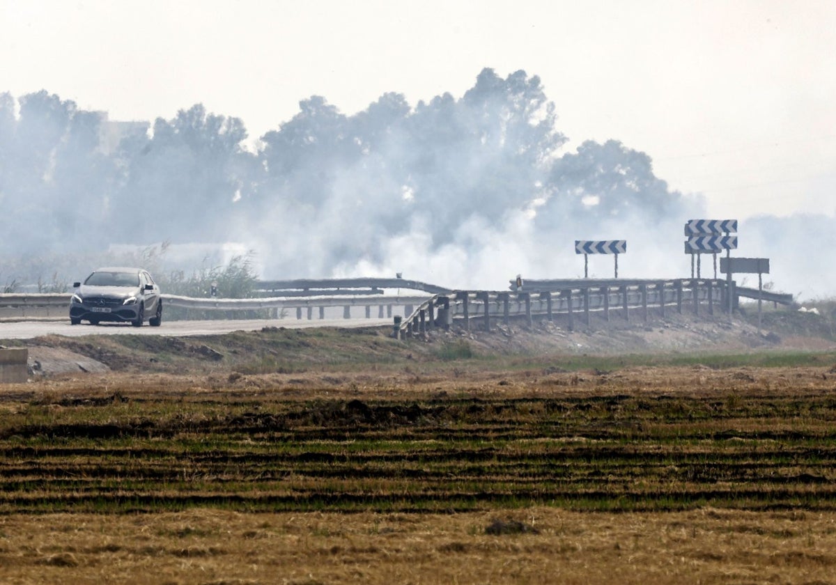 Humo de la quema dela paja del arroz en la Albufera.