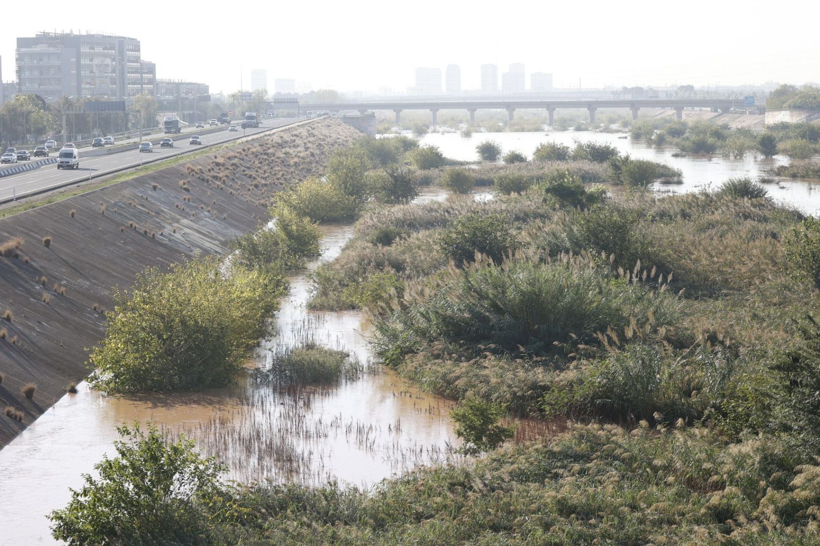 El nuevo cauce del Turia recorre Valencia lleno de agua