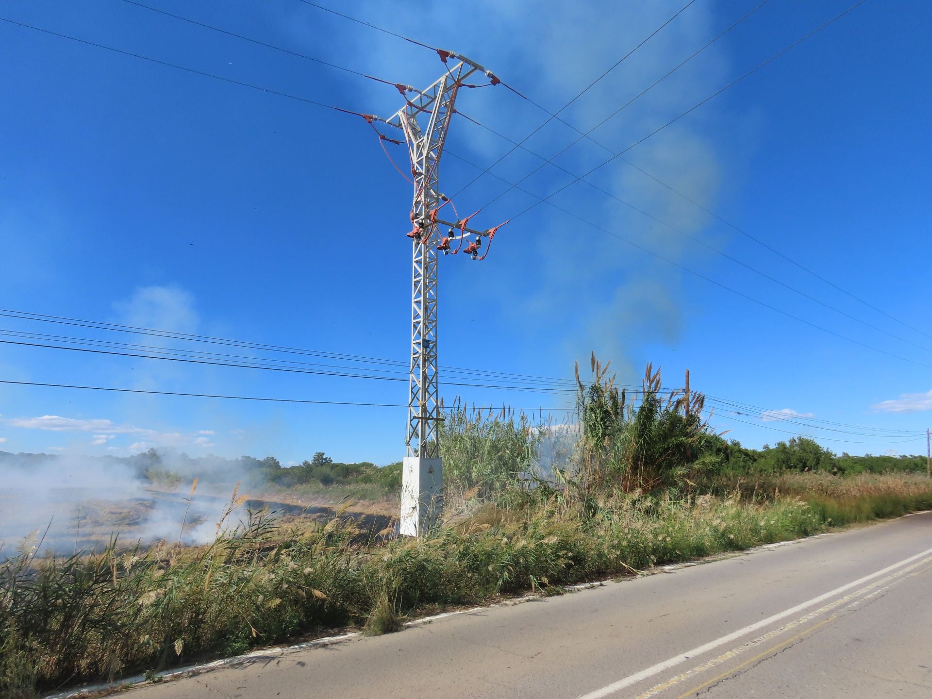 Los bomberos intervienen una quema de paja del arroz descontrolada en un campo junto a la Albufera