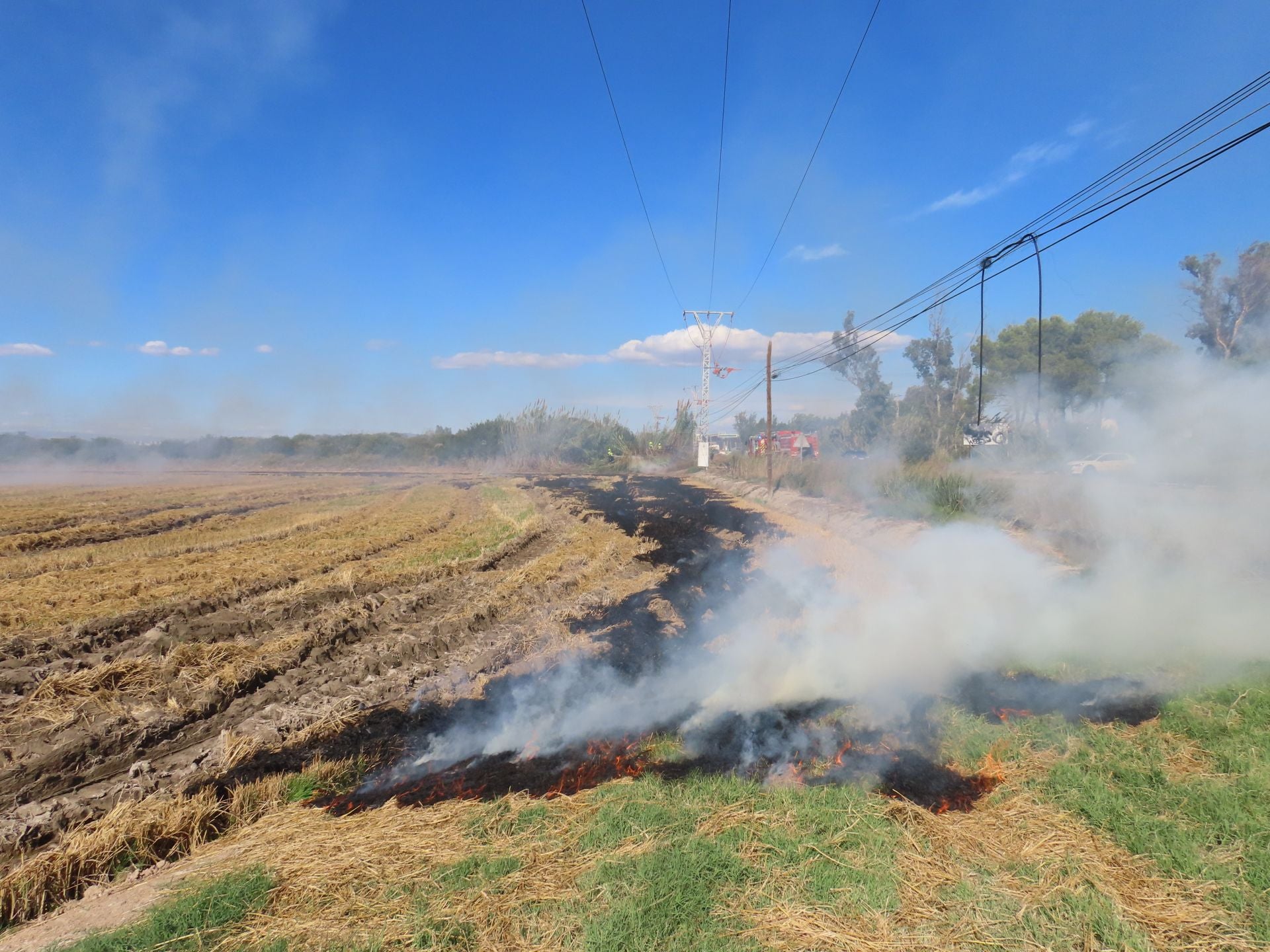 Los bomberos intervienen una quema de paja del arroz descontrolada en un campo junto a la Albufera