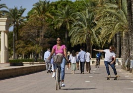 Gente paseando y montando en bicicleta por el cauce del río Turia en Valencia.