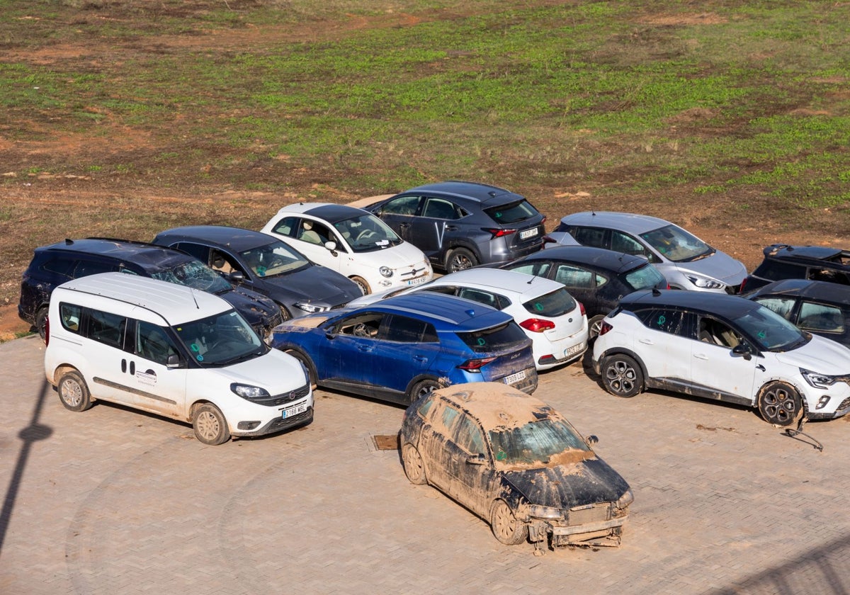 Coches retirados de zonas afectadas por la DANA en la explanada de la ZAL.