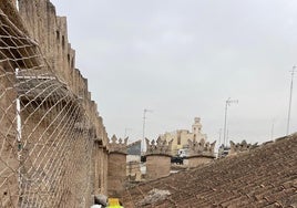 Instalación de una malla protectora en el hastial de la Lonja de Valencia.