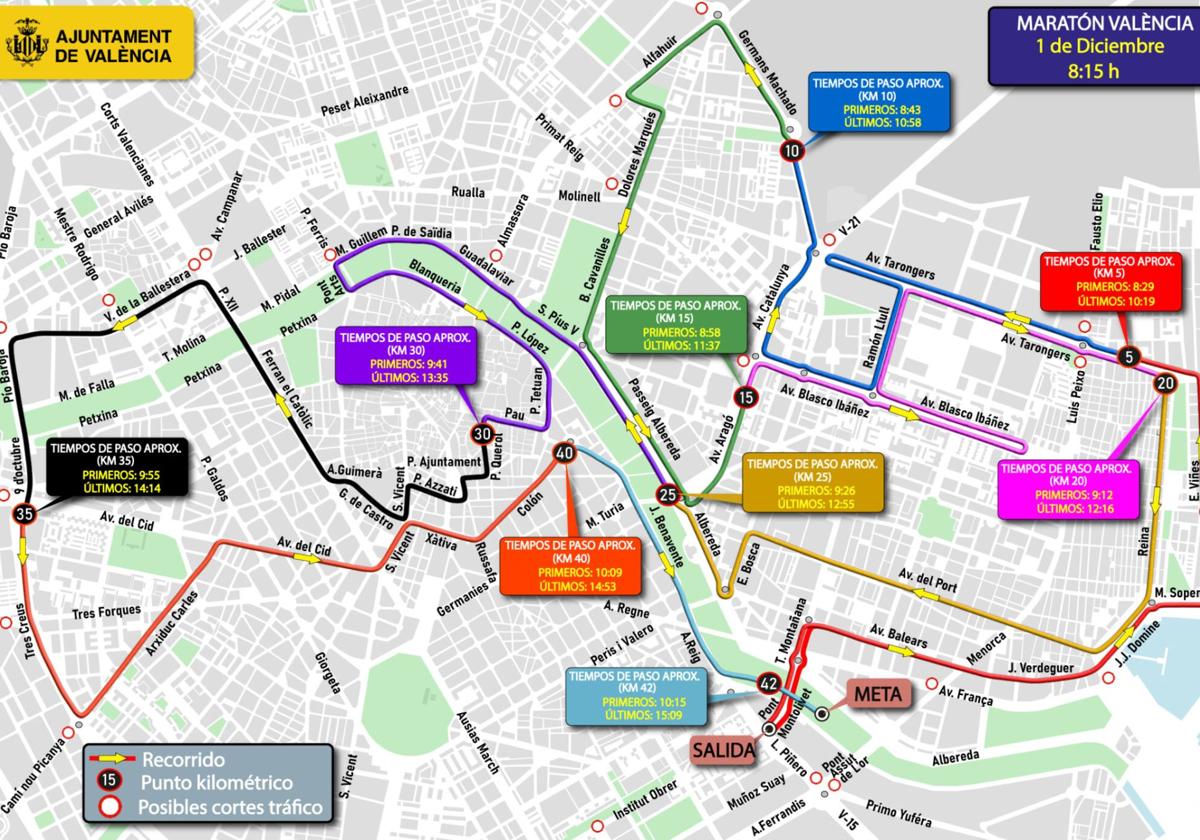 Mapa con el recorrido del Maratón de Valencia 2024.