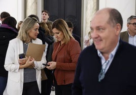 La alcaldesa de Valencia, María José Catalá, junto a la edil Paula Llobet, antes del pleno extraordinario.