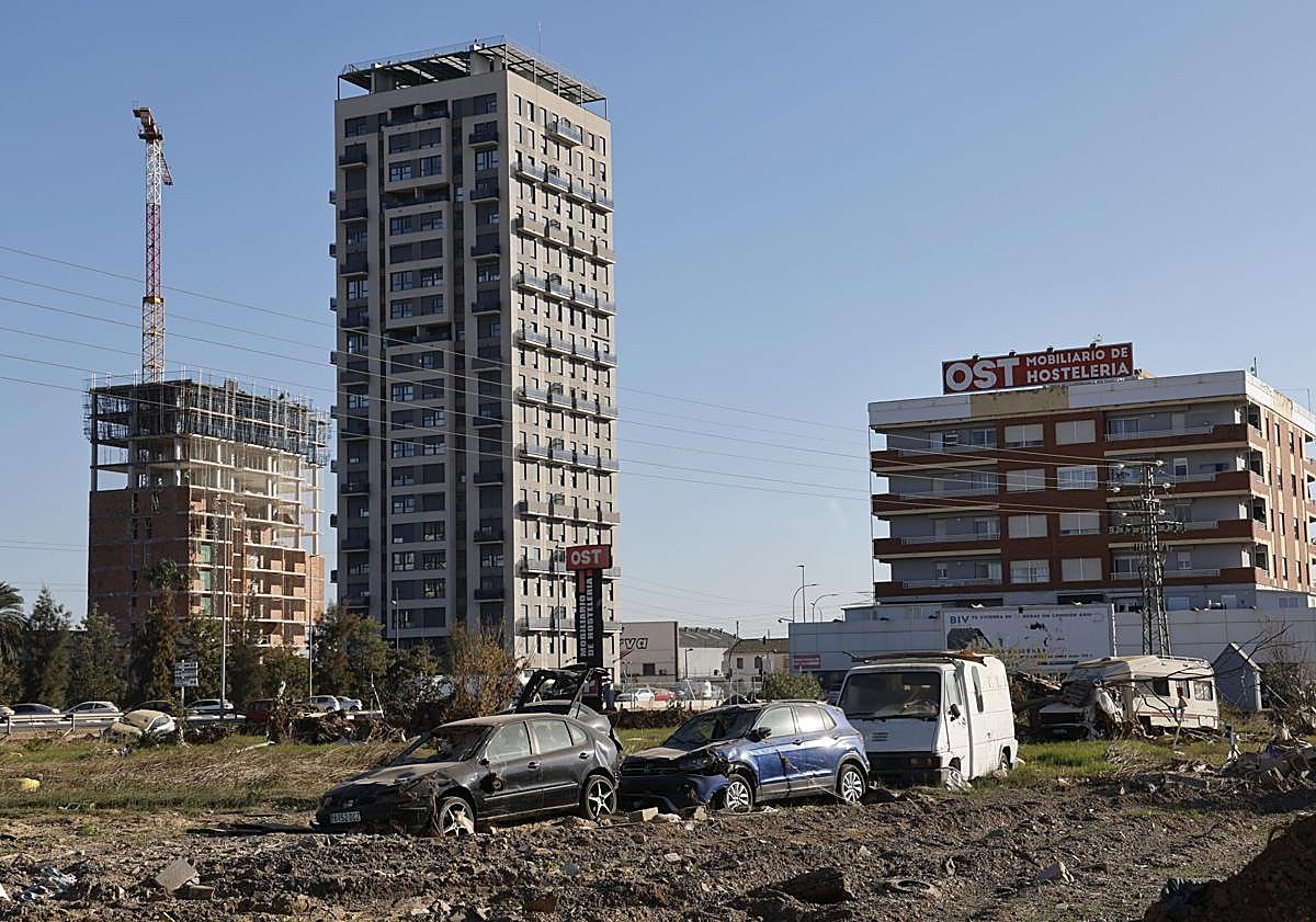 Imagen principal - Arriba, descampado entre la Torre y el barrio de San Jorge. A la izquierda, estado en el que ha quedado un parking de caravanas. A la derecha, Encarna Fortea, vecina del barrio de San Jorge.