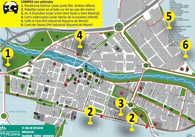 Mapa de los puntos de traslado de vehículos facilitado por el Ayuntamiento de Picanya.