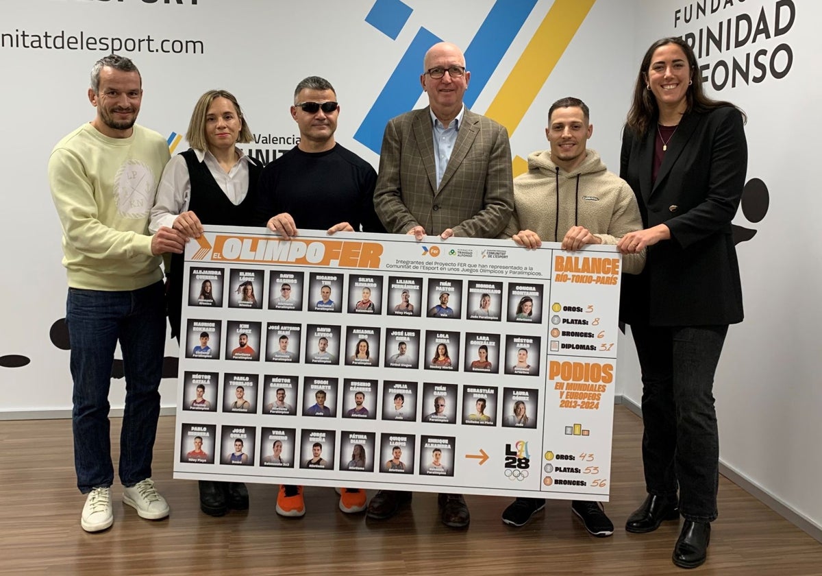 Sugoi Uriarte, Laura Gómez, David Casinos, Nestor Abad y Vega Gimeno, algunos de los miembros del nuevo olimpo valenciano, posan con Juan Miguel Gómez, director de la Fundación Trinidad Alfonso..