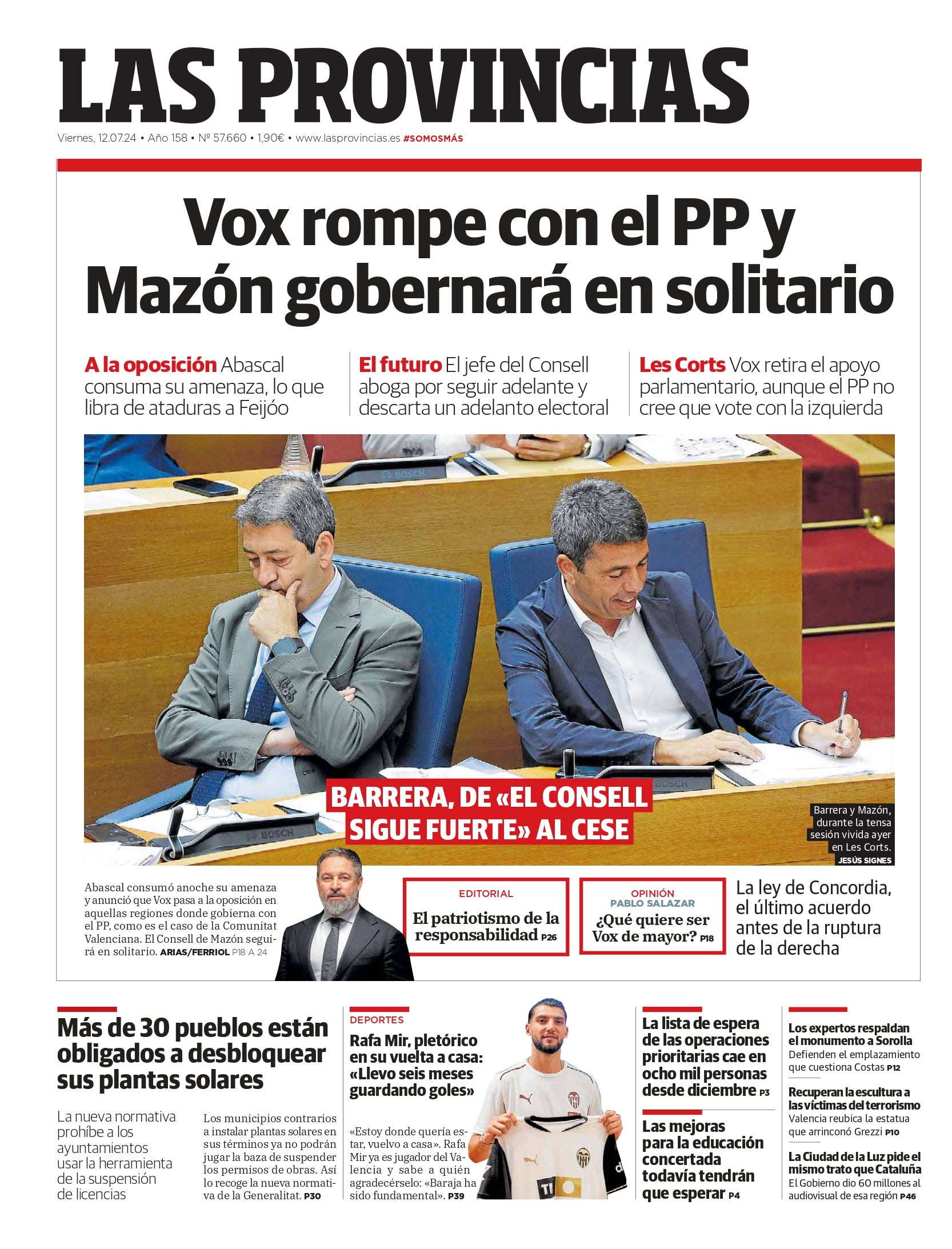 Portada de LAS PROVINCIAS publicada el 12 de julio de 2024