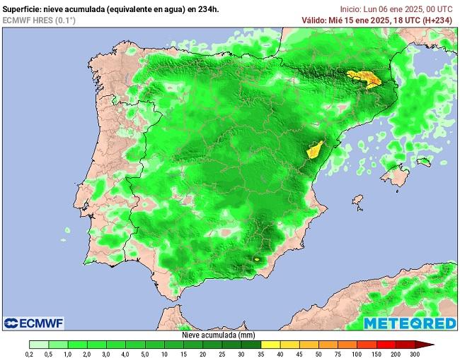 Mapa del modelo ECMWF con nevadas hasta el 16 de enero.