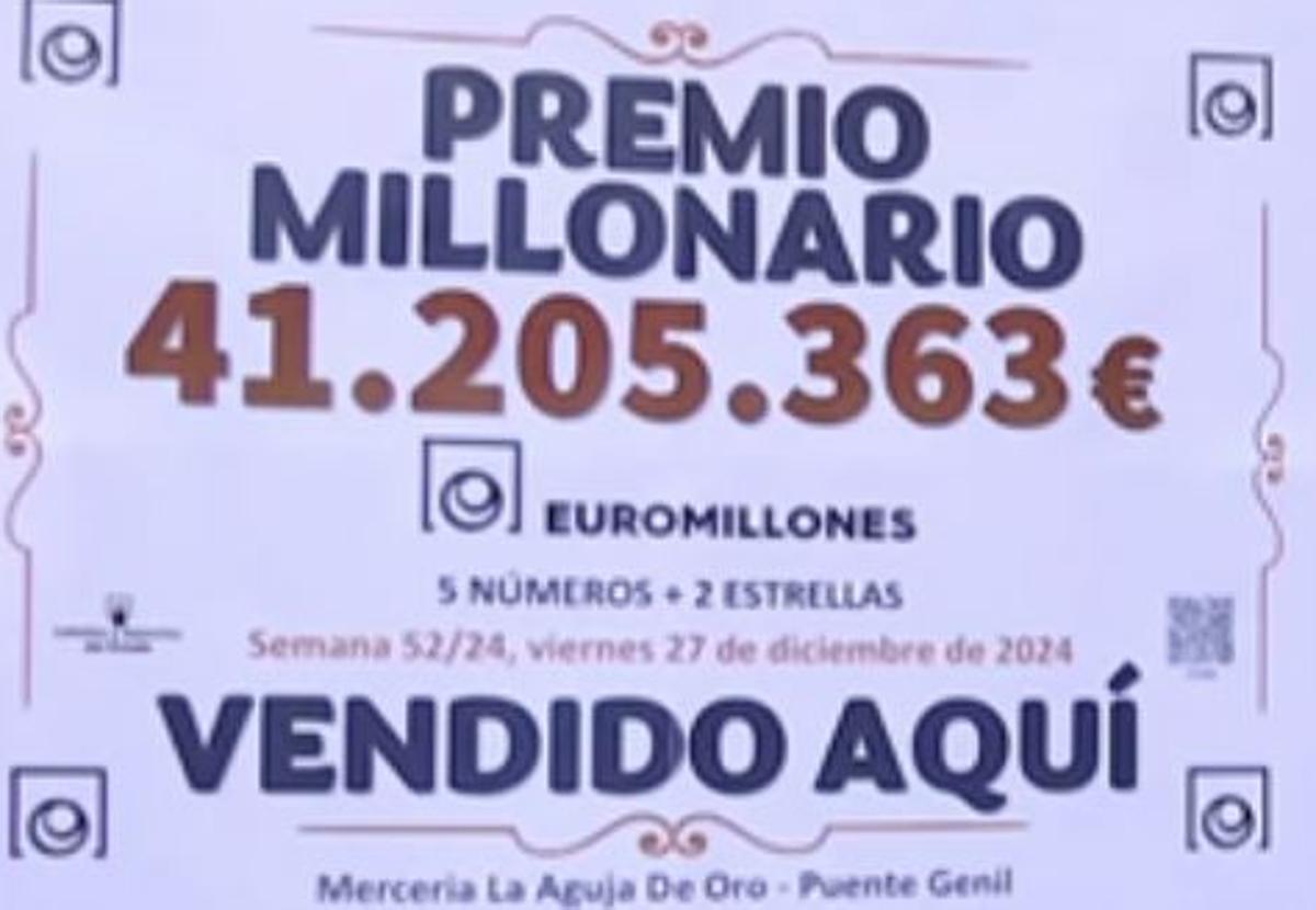 Cartel anunciando el premio de Euromillones de Puente Genil.