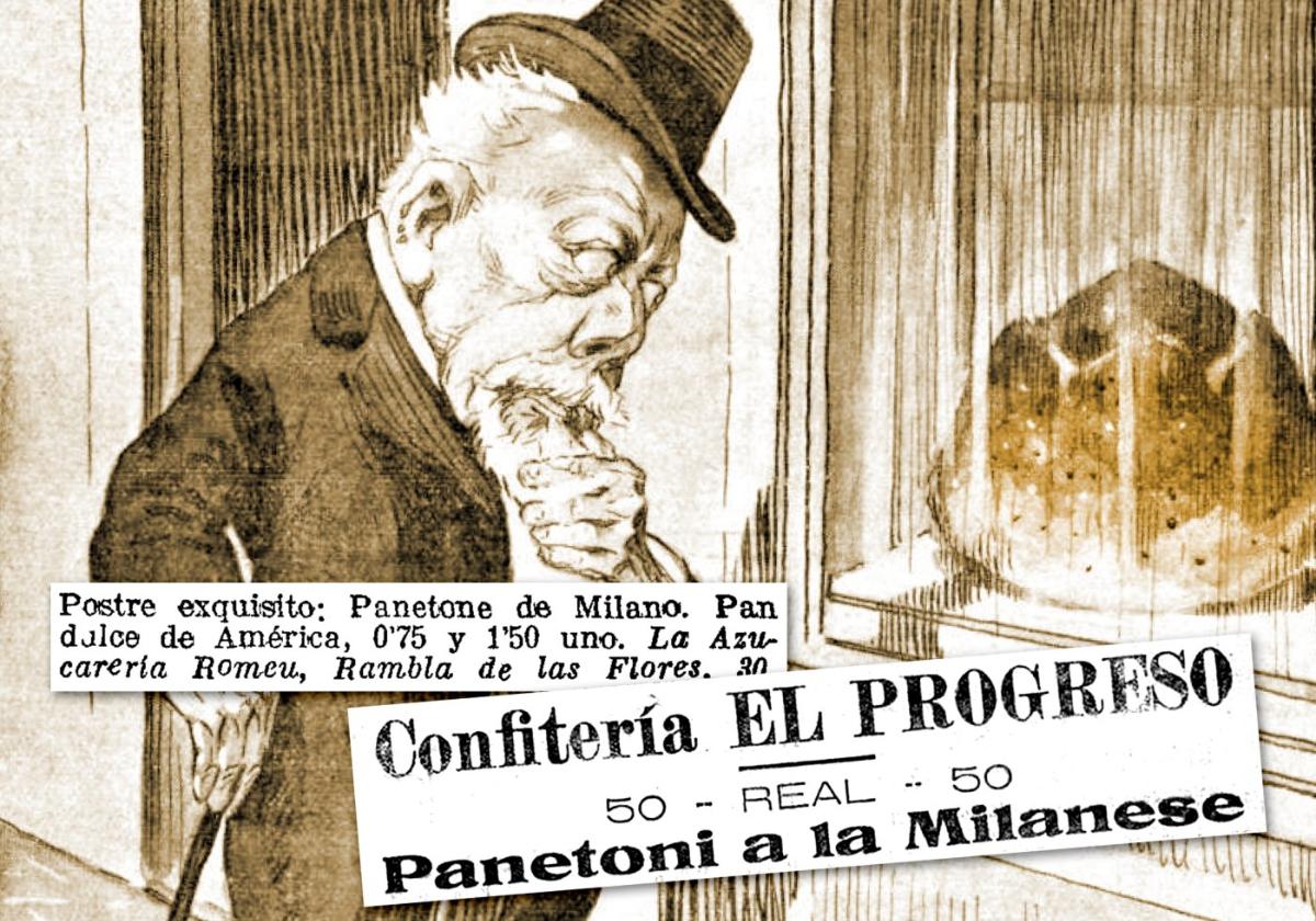 Dibujo. Panetone en la revista argentina 'Caras y caretas' (1904) y anuncios en España (1917 y 1921).