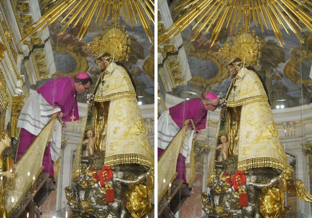 Los Obispos auxiliares electos de Valencia, Fernando Ramón y Arturo Javier García, rezando a la Mare de Déu.