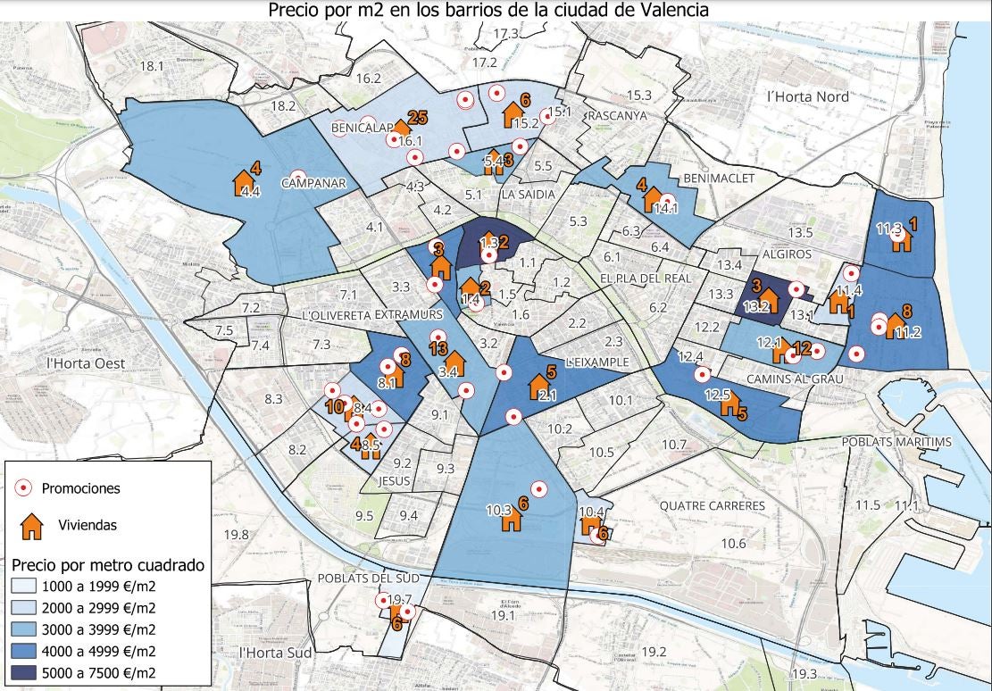 Precio de la vivienda nueva por metro cuadrado en los barrios de Valencia.