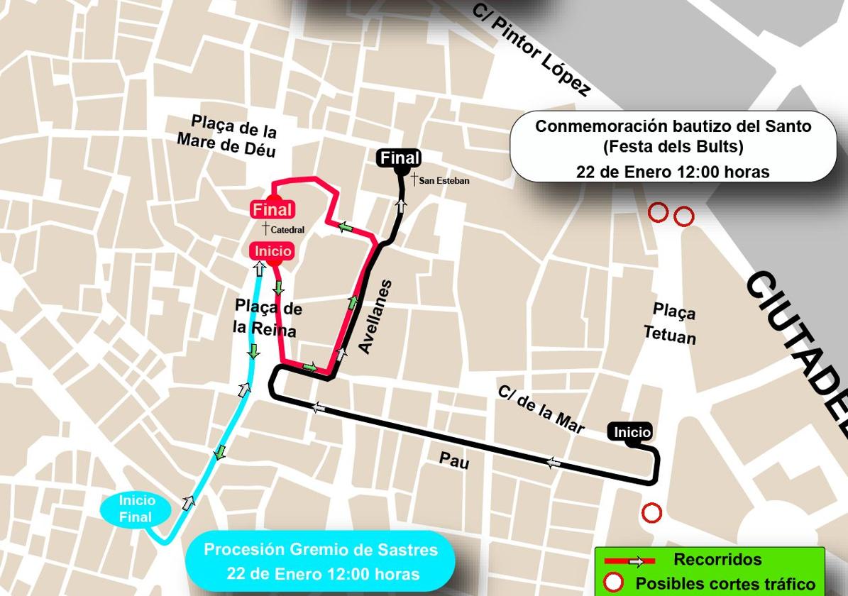 Mapa de Valencia con el recorrido de las diferentes procesiones.