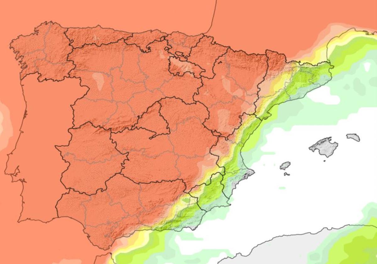 Probabilidad de lluvia este sábado. En rojo, mayores posibilidades. En verde, menores.