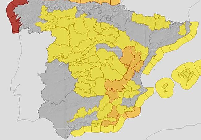 Mapa de alertas en España para el lunes.