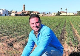 Cultivo. Fernando Traver, en un campo de cebollas, en Les Cases de Bárcena. Al fondo, el campanario y la iglesia de Bonrepós y parte del pueblo.