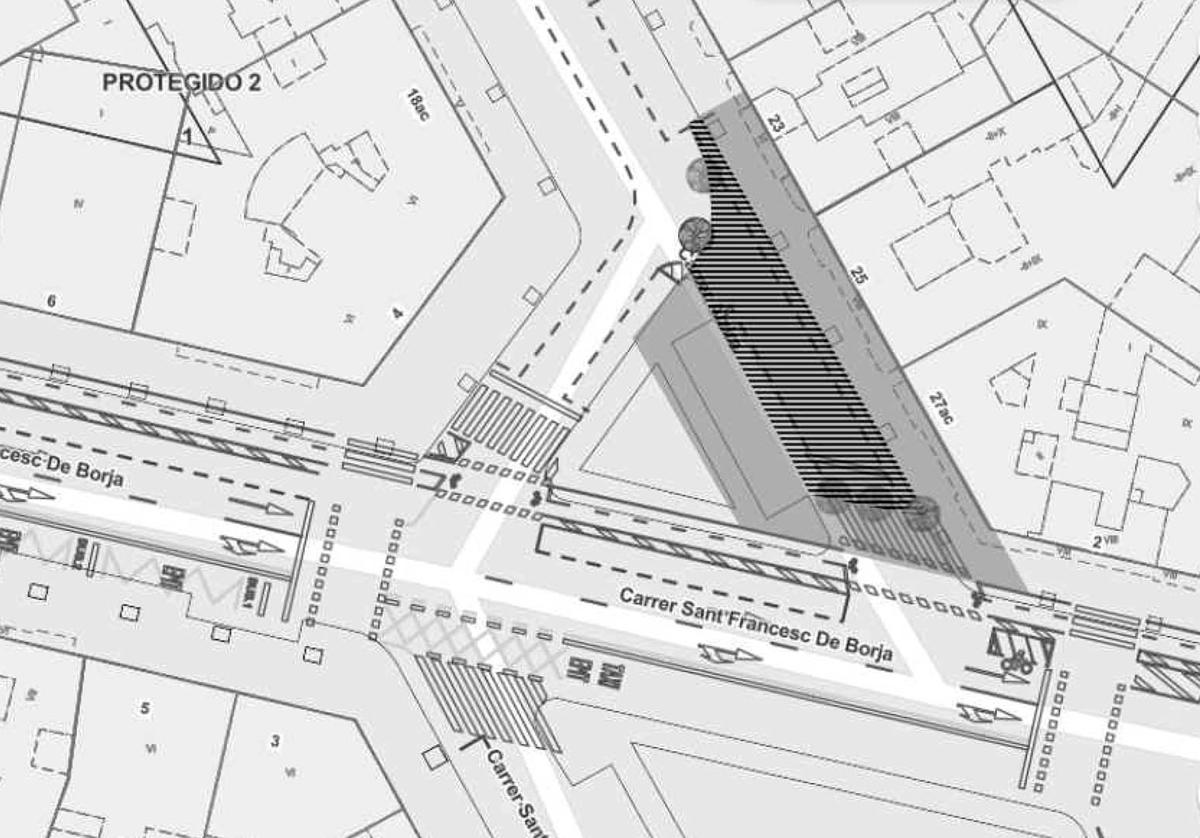 Sombrado en gris la zona que se peatonalizará entre las calles San Francisco de Borja y Alzira