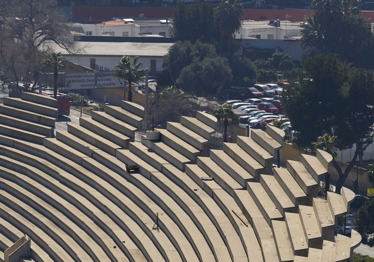 Detalle de los pétalos de hormigón de la estructura del Nou Mestalla, donde en sus filas inferiores se colocarán asientos.