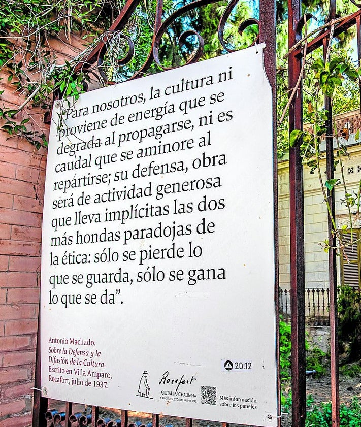 Imagen secundaria 2 - Arriba, Villa Amparo, la residencia del poeta en Rocafort. A la izquierda, manuscrito con textos inéditos de Joaquín Machado en el que se basa el libro que presentará Jesucristo Riquelme el 22 de febrero. A la derecha, las palabras del poeta en defensa de la difusión de la cultura.