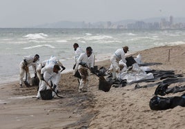 Operarios de Tragsa retiran restos de lodo de la orilla de las playas de El Saler.