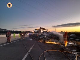 Los bomberos, sofocando el fuego del vehículo incendiado.