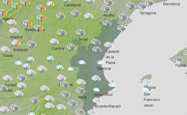 Mapa de lluvias previsto para el sábado.