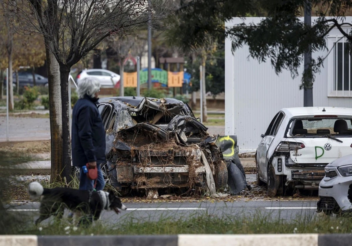 Un coche destruido por la dana en una pedanía de Valencia.