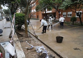 Los voluntarios trabajan en una calle afectada por la dana.