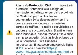 El mensaje recibido en los teléfonos móviles de Castellón.